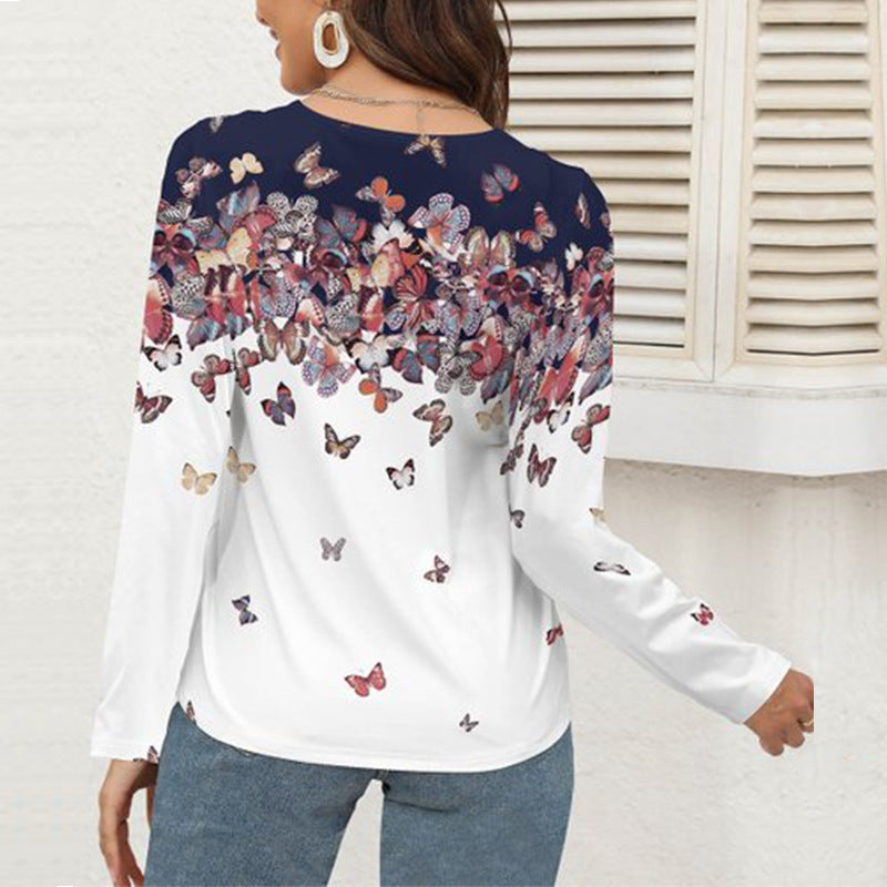 Women's long-sleeved shirt with floral lace V-neck and elegant pattern, size