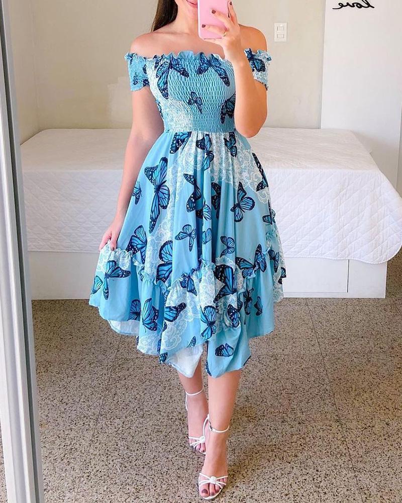 Women's summer off-the-shoulder dress with a colorful butterfly pattern and flowing pleats, size S