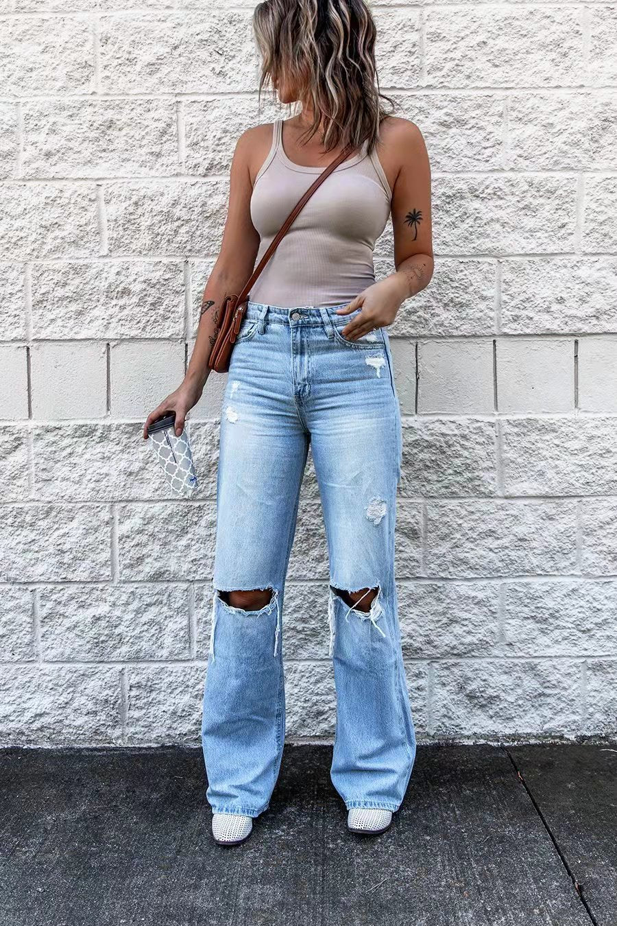 Valenzora | Damen High Waist Ripped Wide Leg Jeans