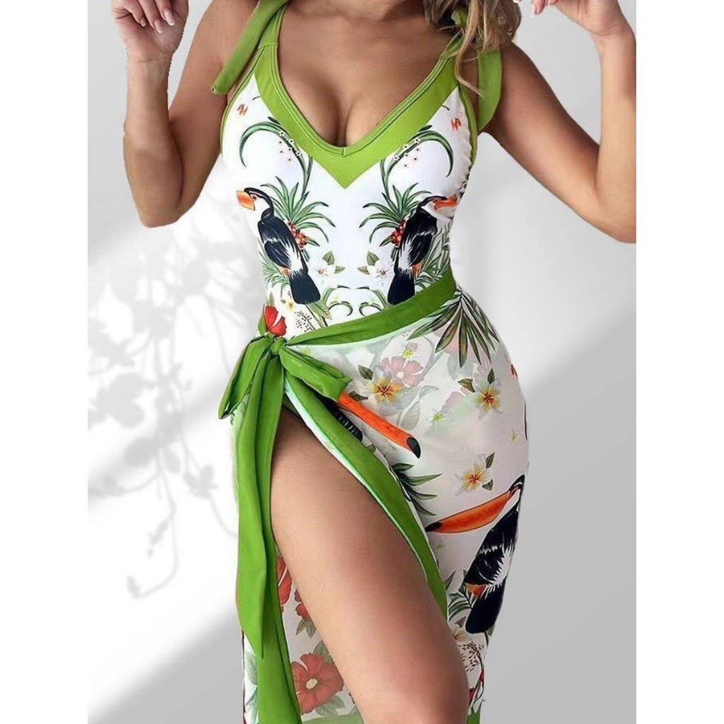 Women's pareo with botanical pattern and stylish tie belt, size