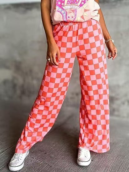 Women's checked palazzo trousers with elasticated waistband and practical side pockets, size Valenzora