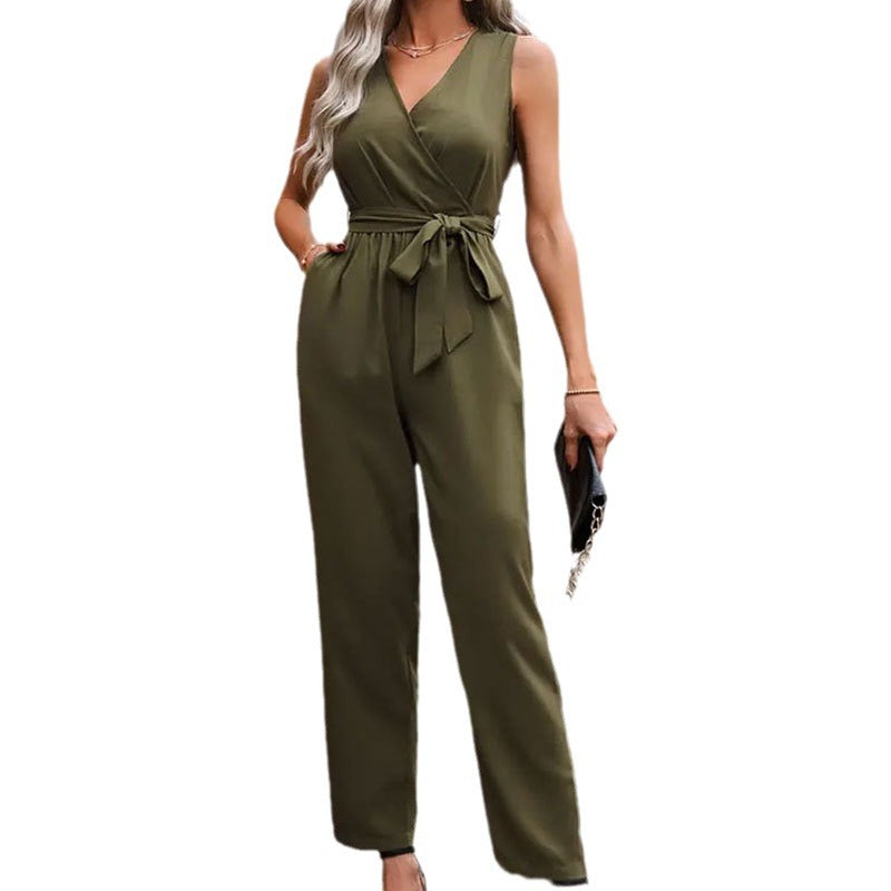 Women's elegant wrap jumpsuit with waist belt, size