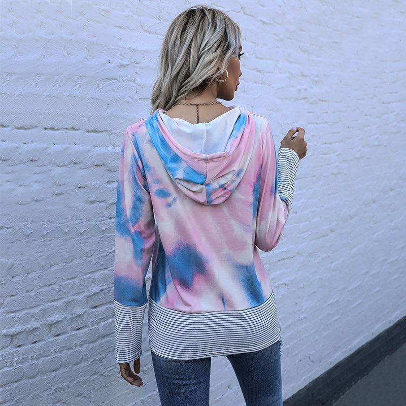 Women's hooded sweatshirt with innovative color gradient and nautical stripes, size