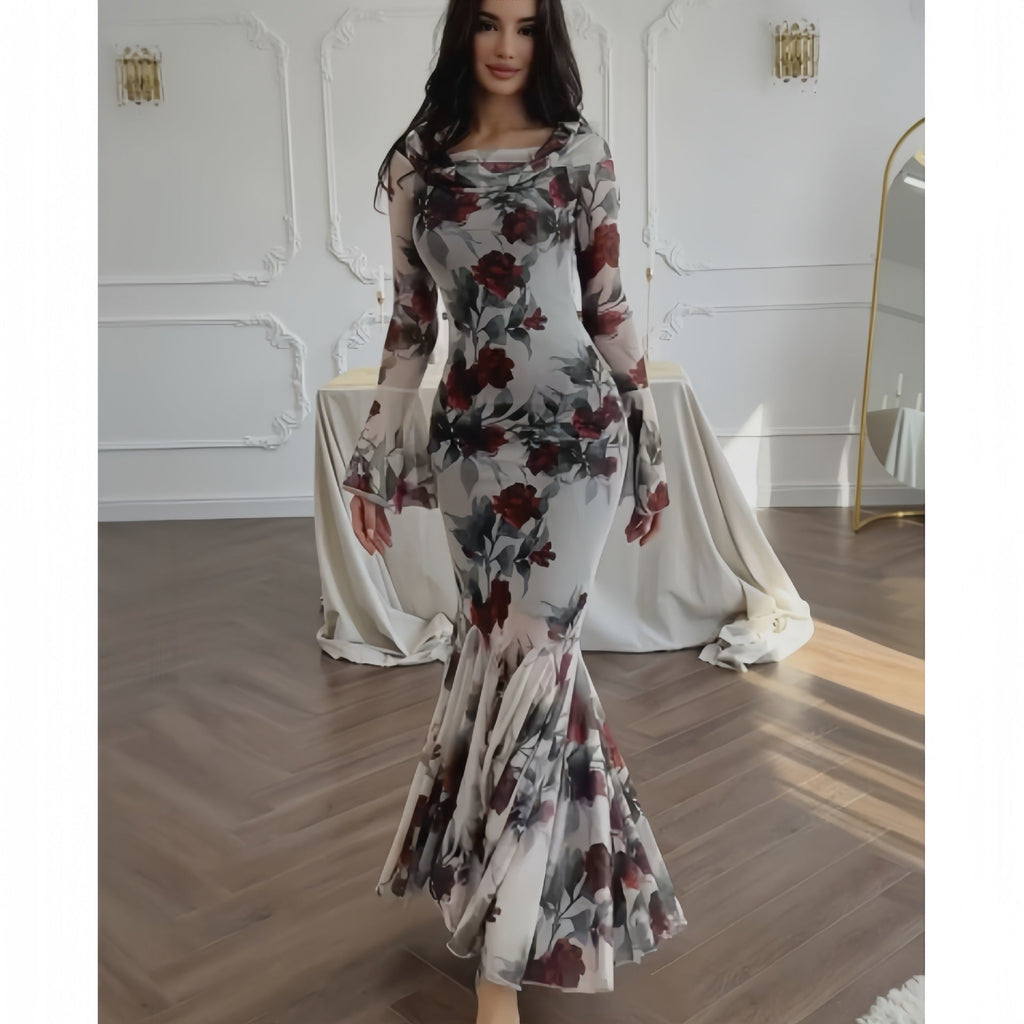 Valenzora | Floral Pattern Long Sleeve Long Skirt Dress