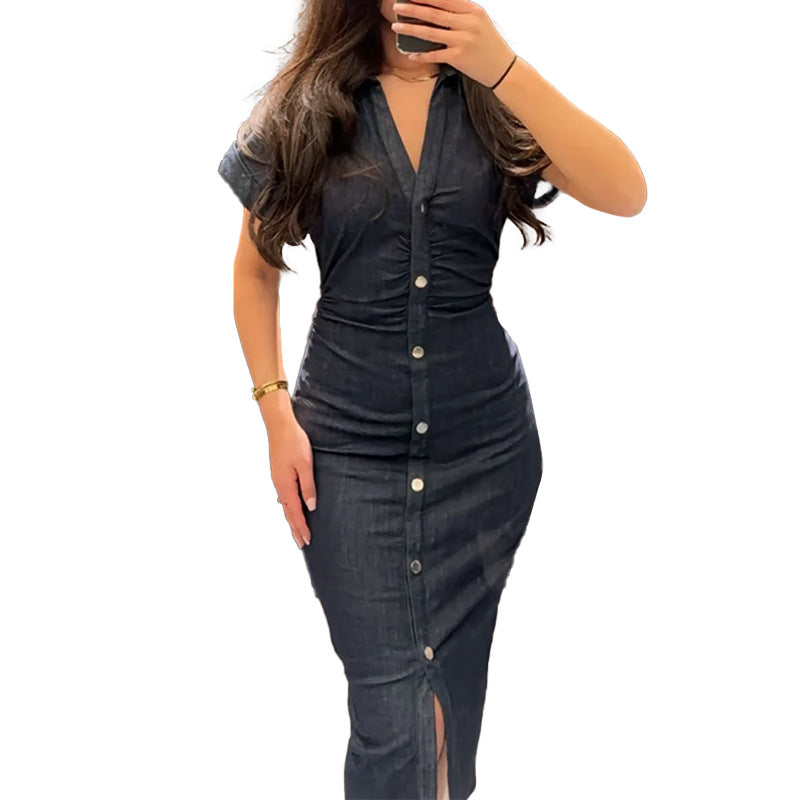 Women's knee-length denim dress with elegant button design, size