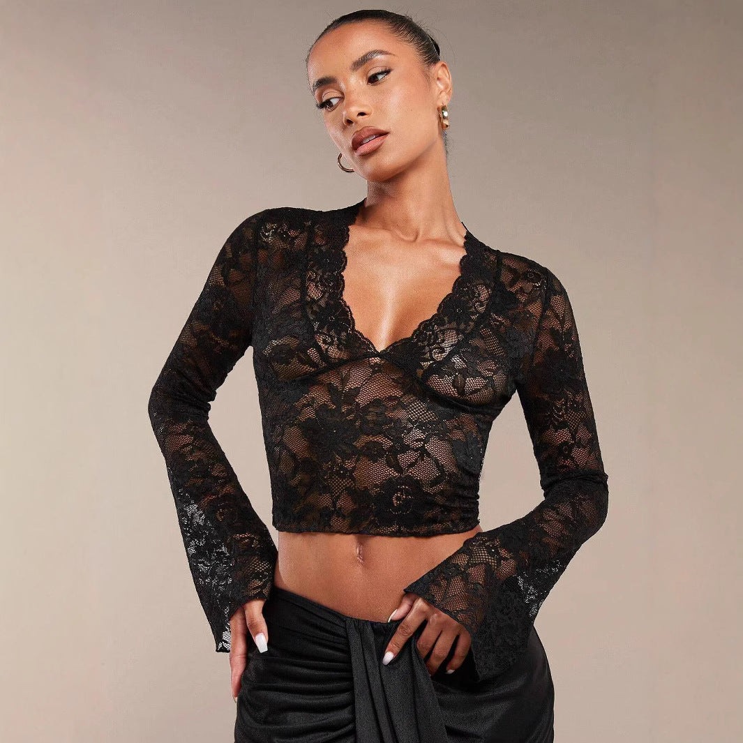 Valenzora | Transparent lace V-neck fitted bell-sleeve top