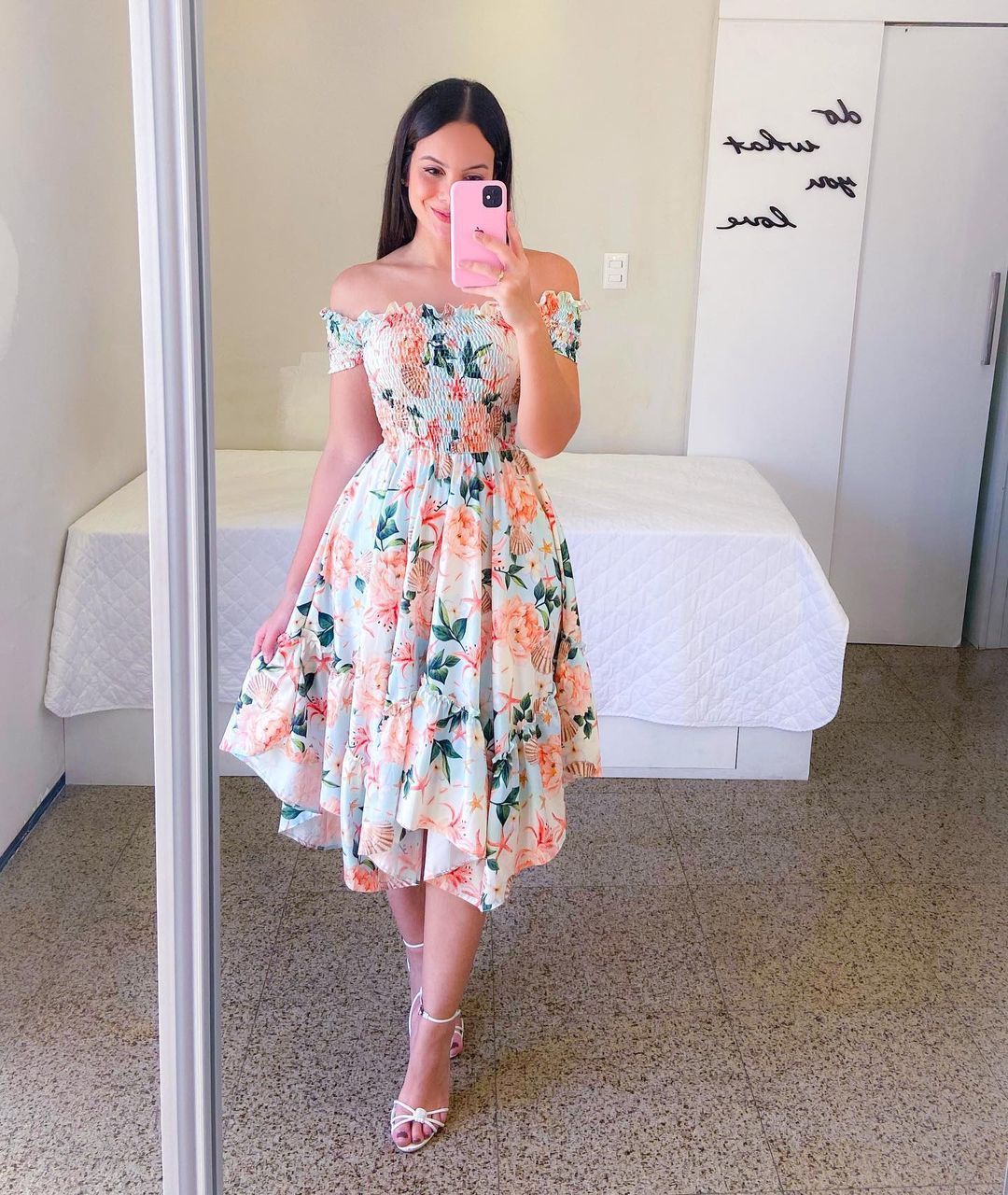 Women's summer off-the-shoulder dress with a colorful butterfly pattern and flowing pleats, size S