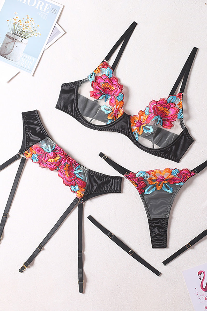 Valenzora | Satin-Sheer Blumen-Dessous-Set, 3-teilig