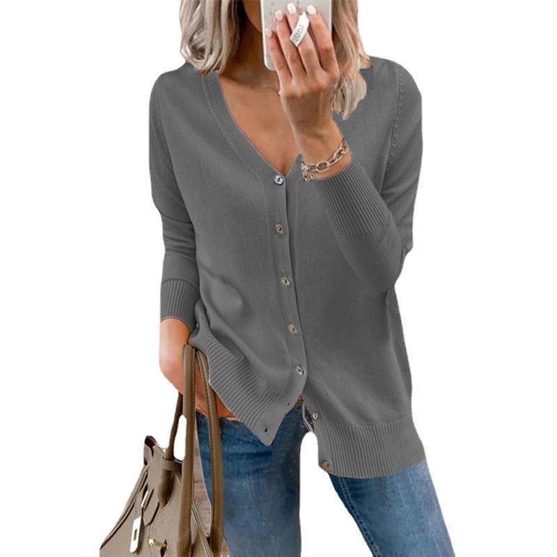 Women's cardigan with modern button details and deep V-neck, size