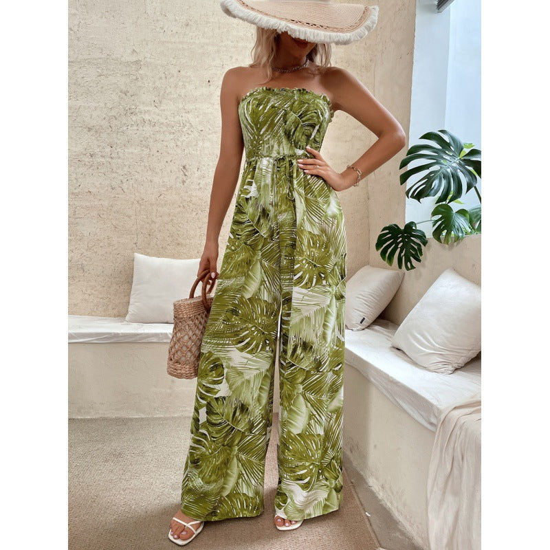 Women's palazzo jumpsuit with floral patterns and elasticated top, size