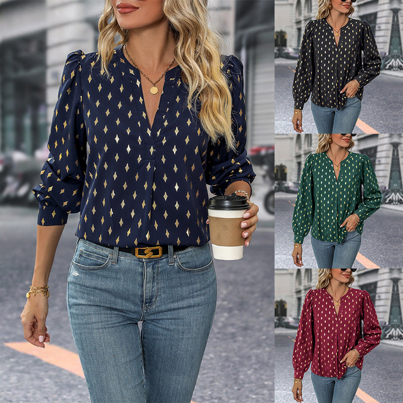 Women's blouse with an elegant V-neck and delicate ruffle details, size [size missing]