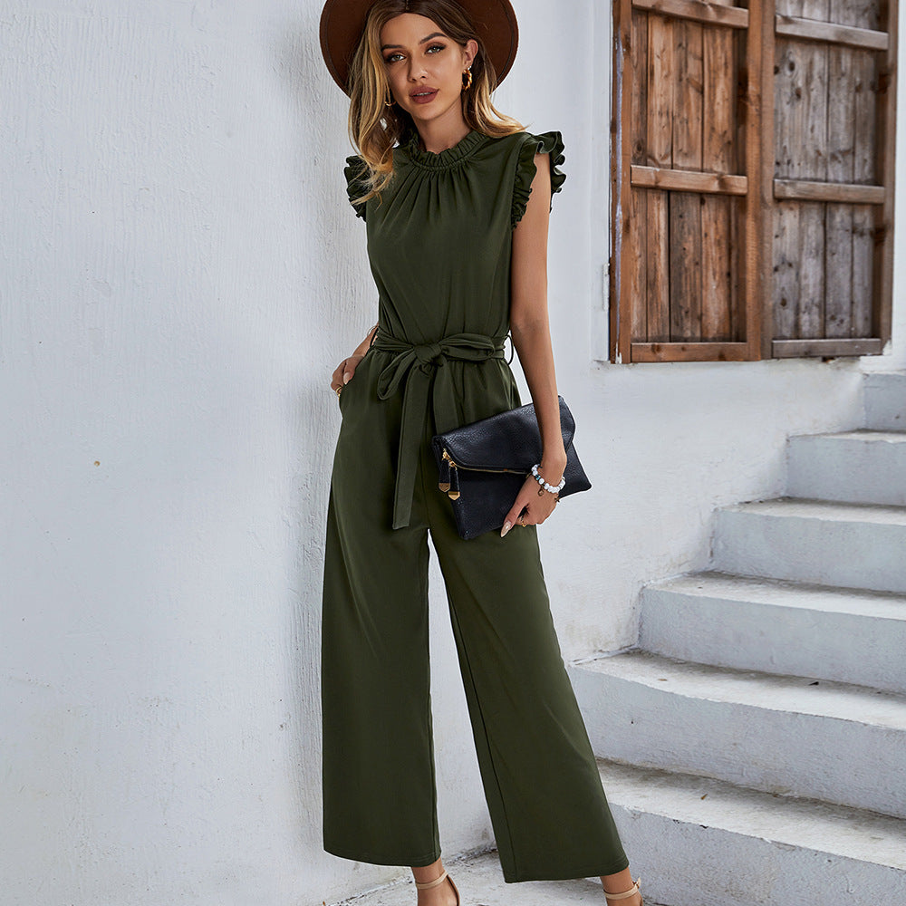 Women's elegant jumpsuit with ruffle details and adjustable belt, size S
