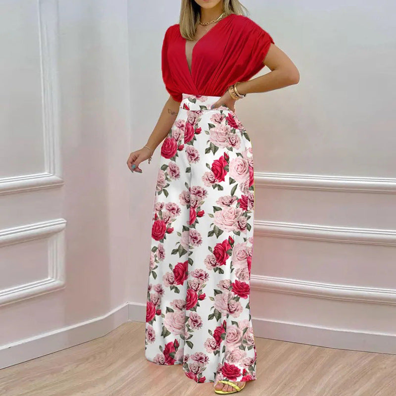 Women's jumpsuit with deep V-neck and wide leg, size