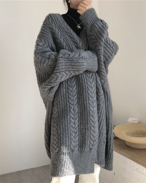 Valenzora Retro simple thickened loose twisted long cardigan