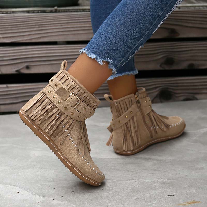 Valenzora | Boho ankle boots with fringes and buckles for women