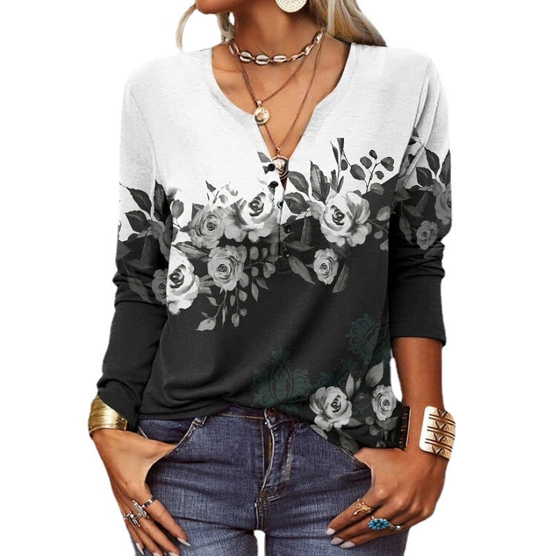 Women's long-sleeved shirt with detailed print and button placket, size