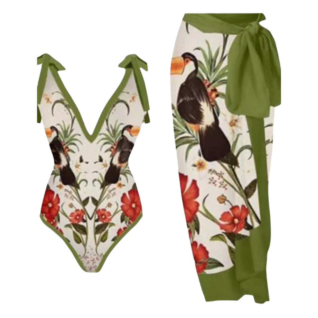 Women's pareo with botanical pattern and stylish tie belt, size