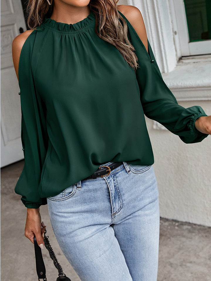 Women's chic top with off-the-shoulder panels and elegant ruffle details, size [size]