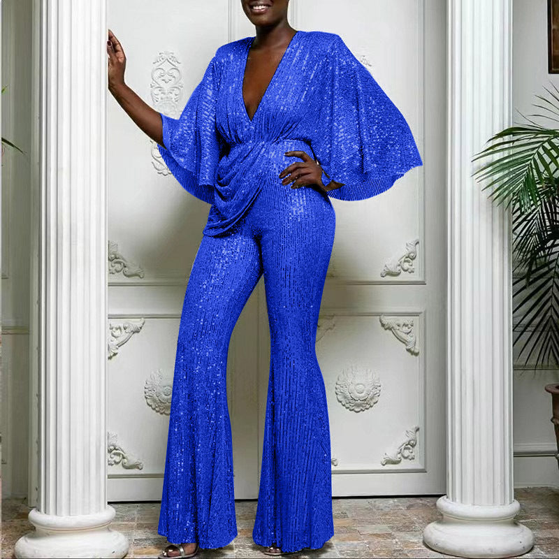 Valenzora | Pailletten-Overall mit tiefem V-Ausschnitt und rückenfreiem Design