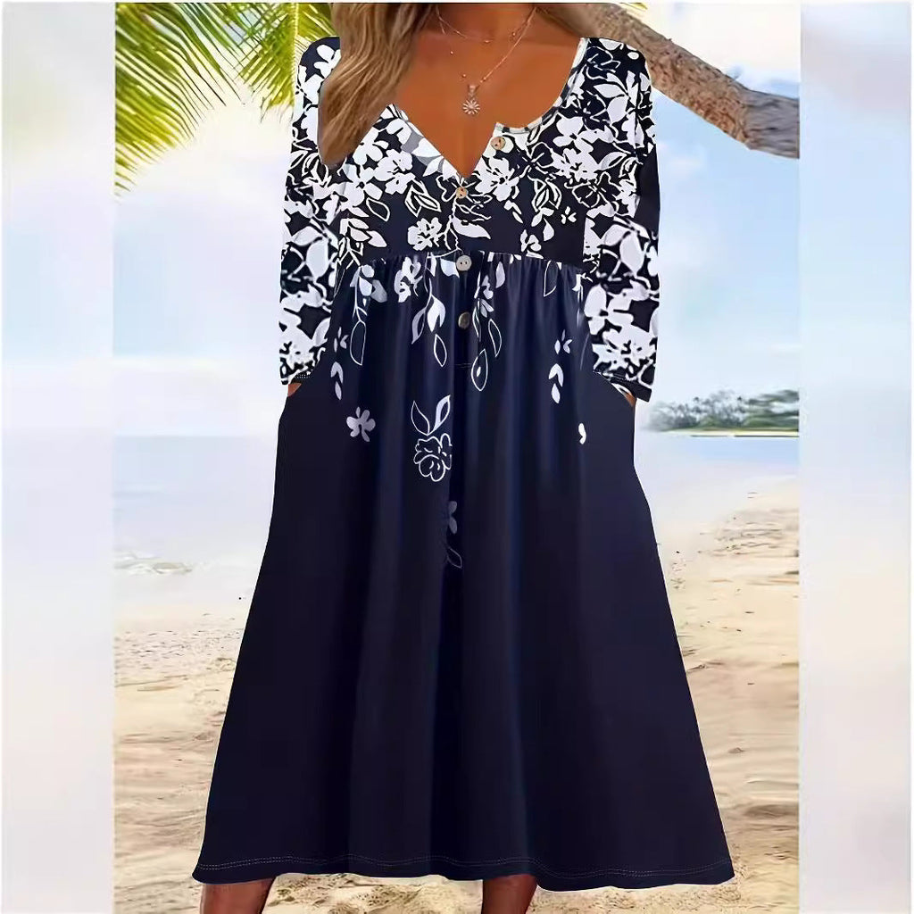 Damen fließendes Midikleid mit Blumenmuster und praktischen Taschen, Größe [size]