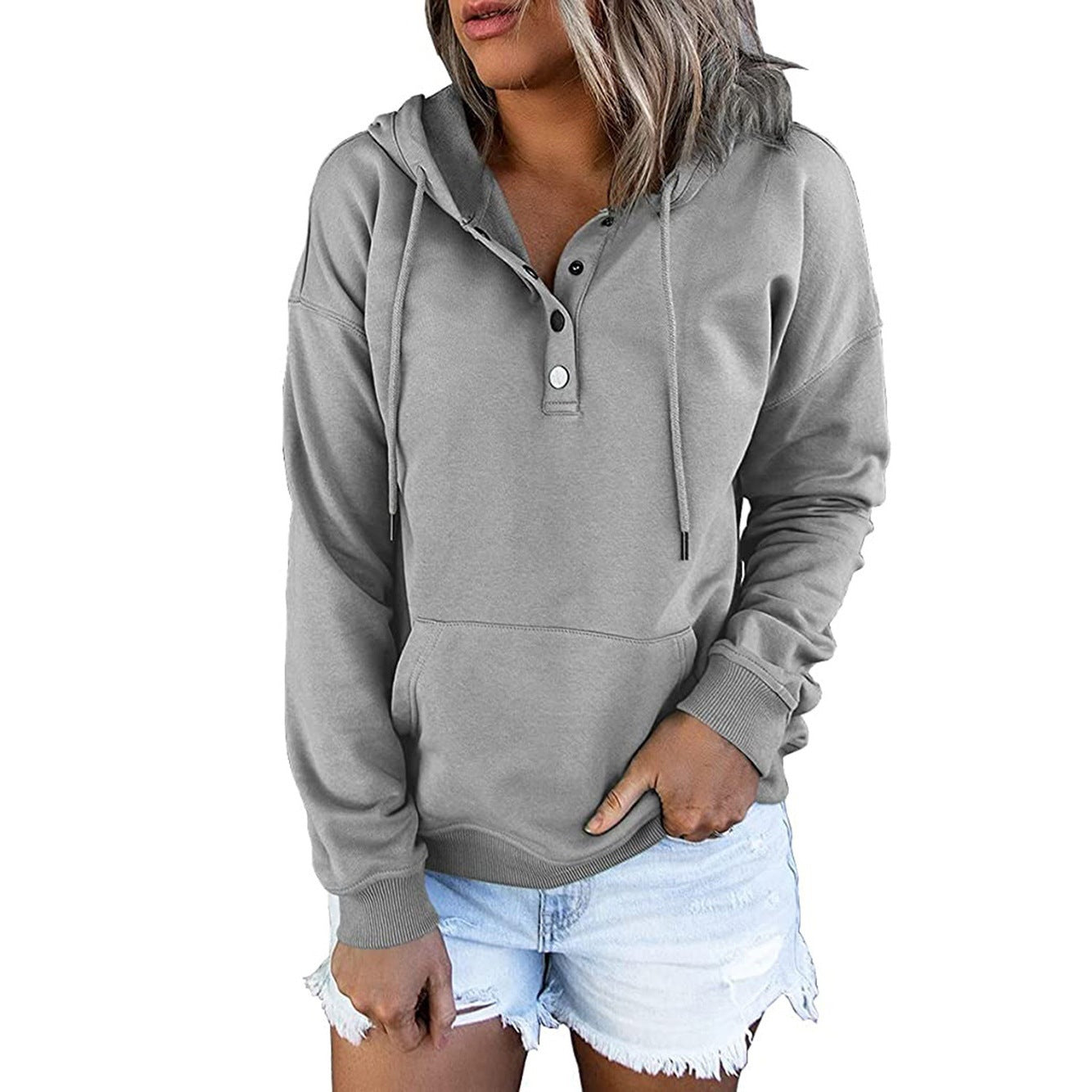 Damen-Kapuzenpullover mit Knopfleiste und lässiger Passform, Größe