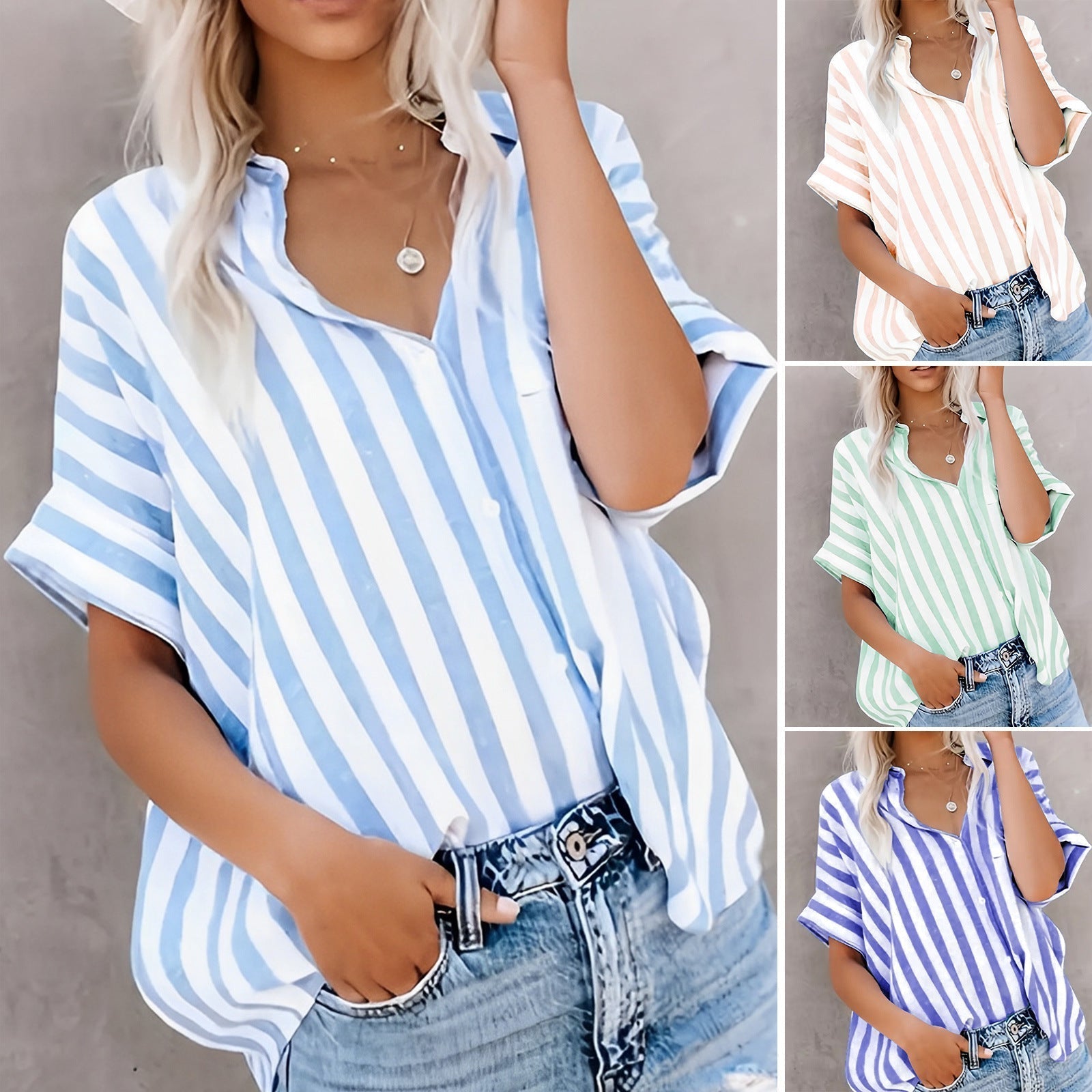 Damen Oversized Streifenhemd mit klassischem Kragen und kurzen Ärmeln, Größe
