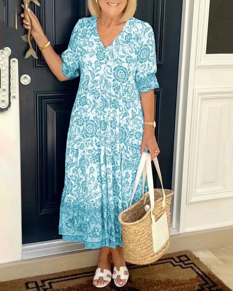 Valenzora | Langes floral bedrucktes Batik-Kleid mit Dreiviertelärmeln