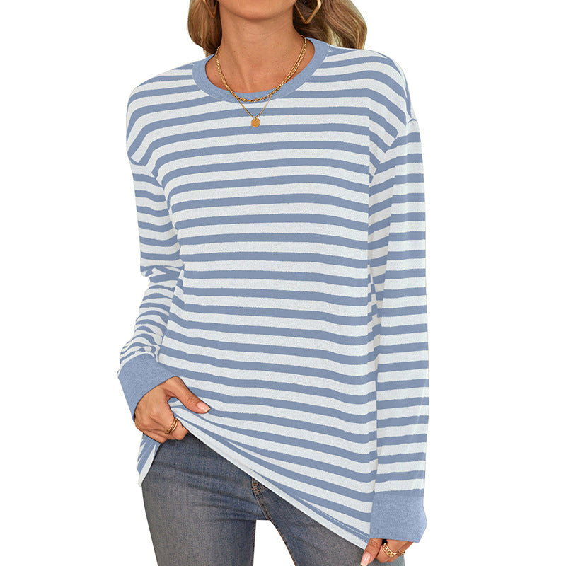 Bequemes Damen-Langarmshirt im Streifen-Design mit Rundhalsausschnitt, Größe