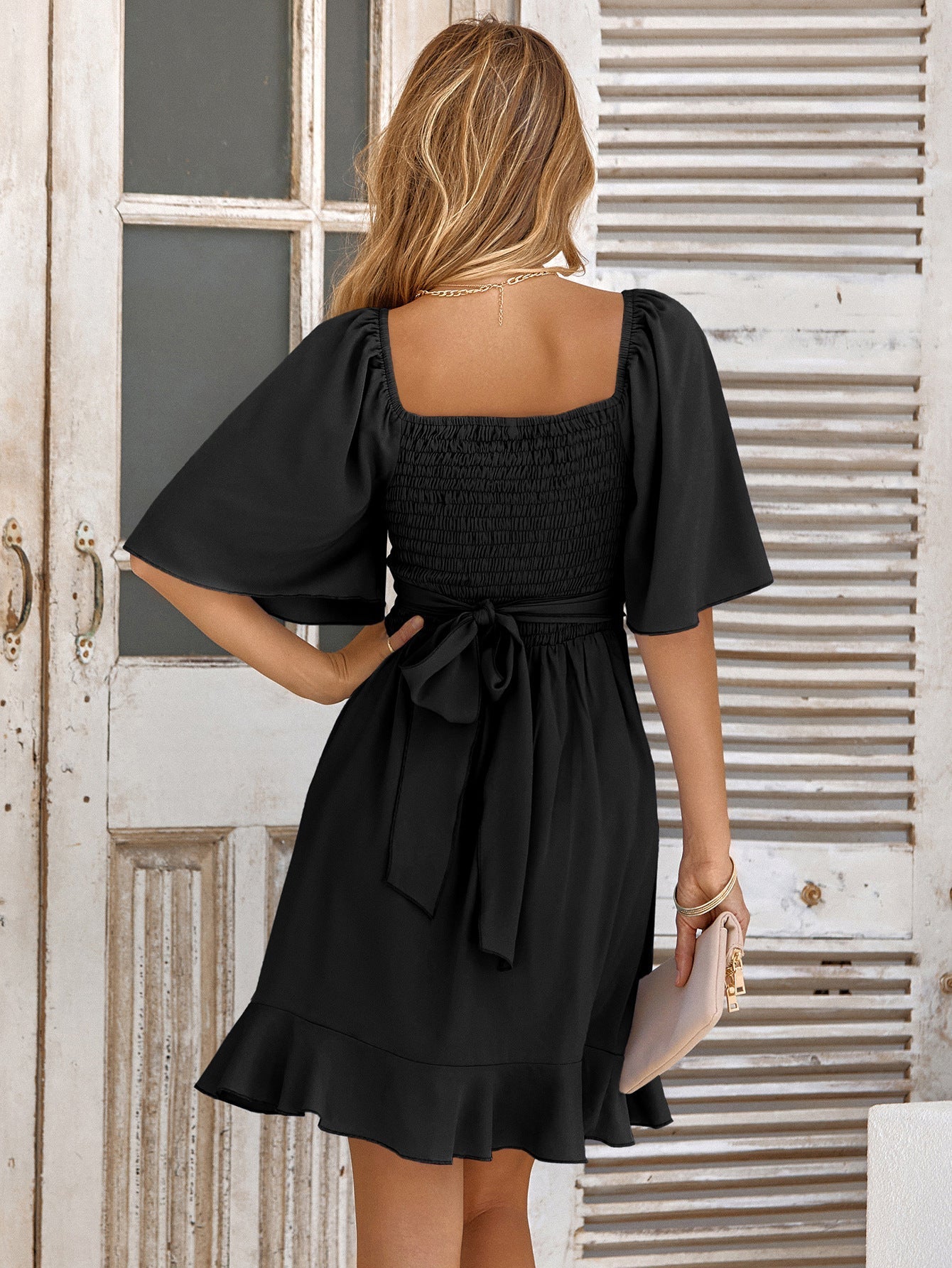 Valenzora | Casual Cross V-Neck Short Sleeve Wrap Solid Color Mini Dress
