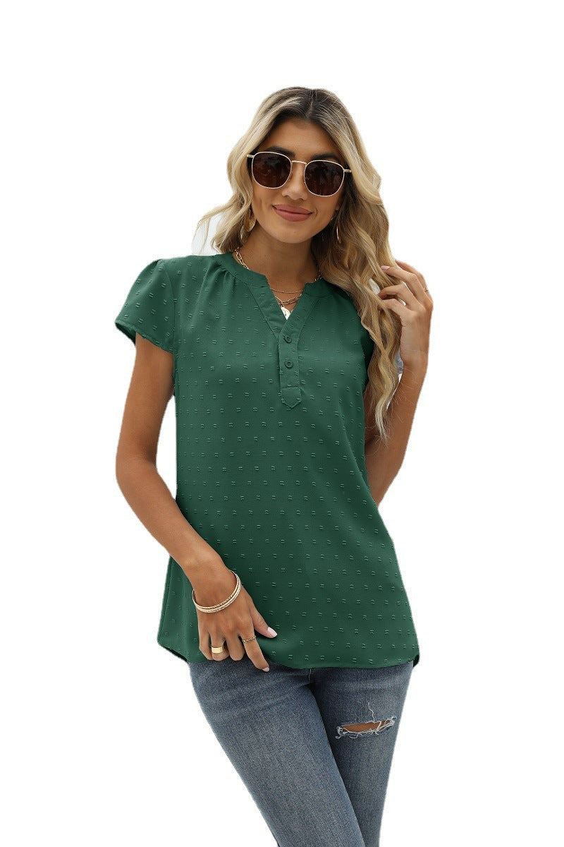 Valenzora | Jacquard-Chiffon Loose Fit V-Ausschnitt Kurzarm-Oberteil