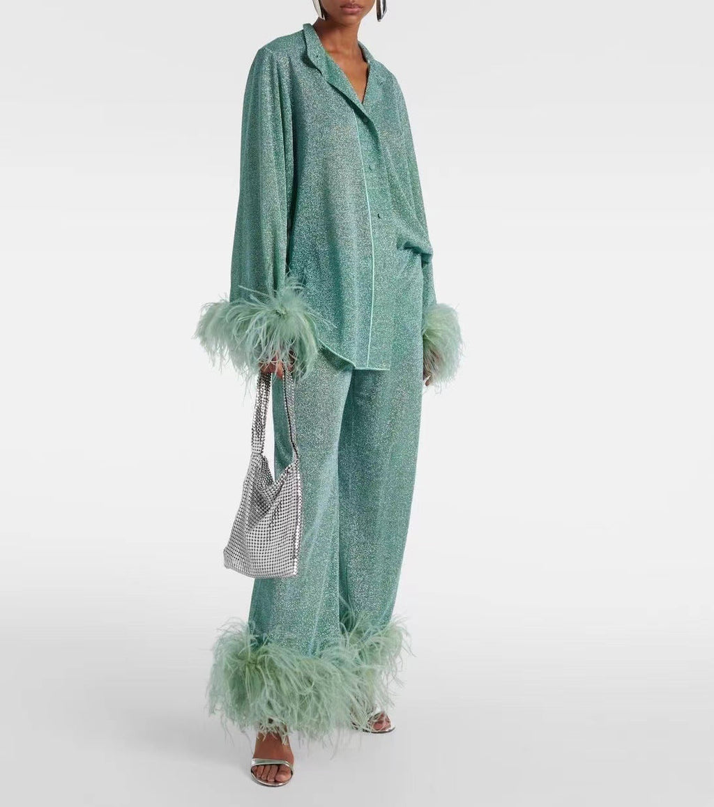 Valenzora | Autumn Winter Feather Stand-up Collar Long Sleeve Top and Trousers Set