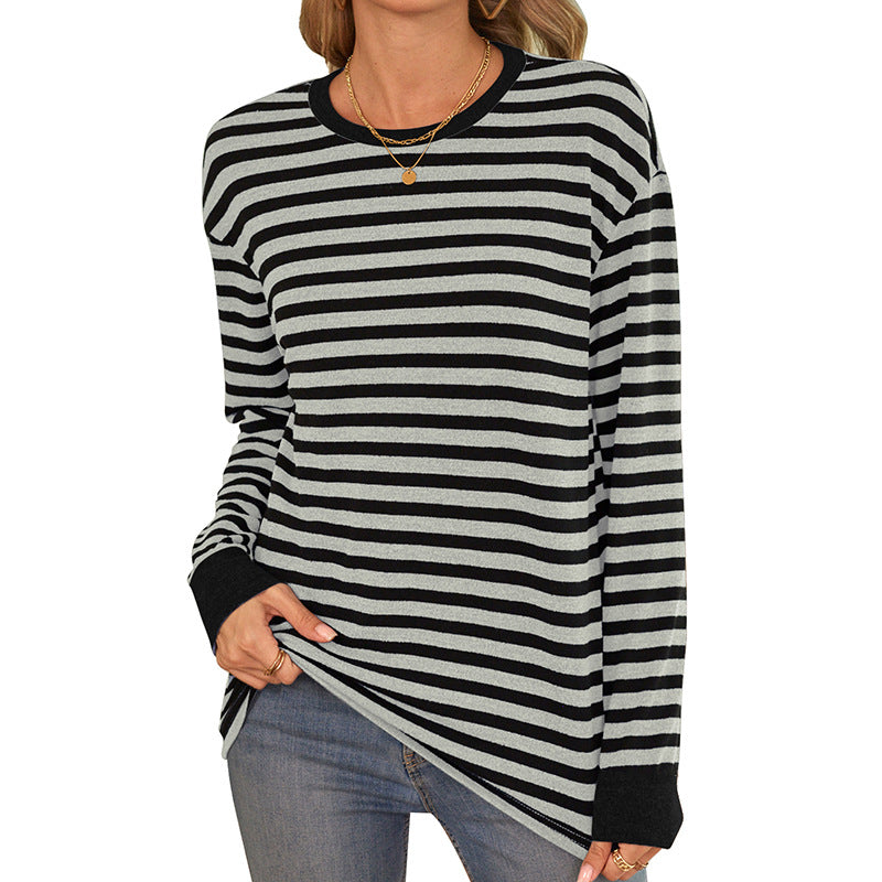 Bequemes Damen-Langarmshirt im Streifen-Design mit Rundhalsausschnitt, Größe
