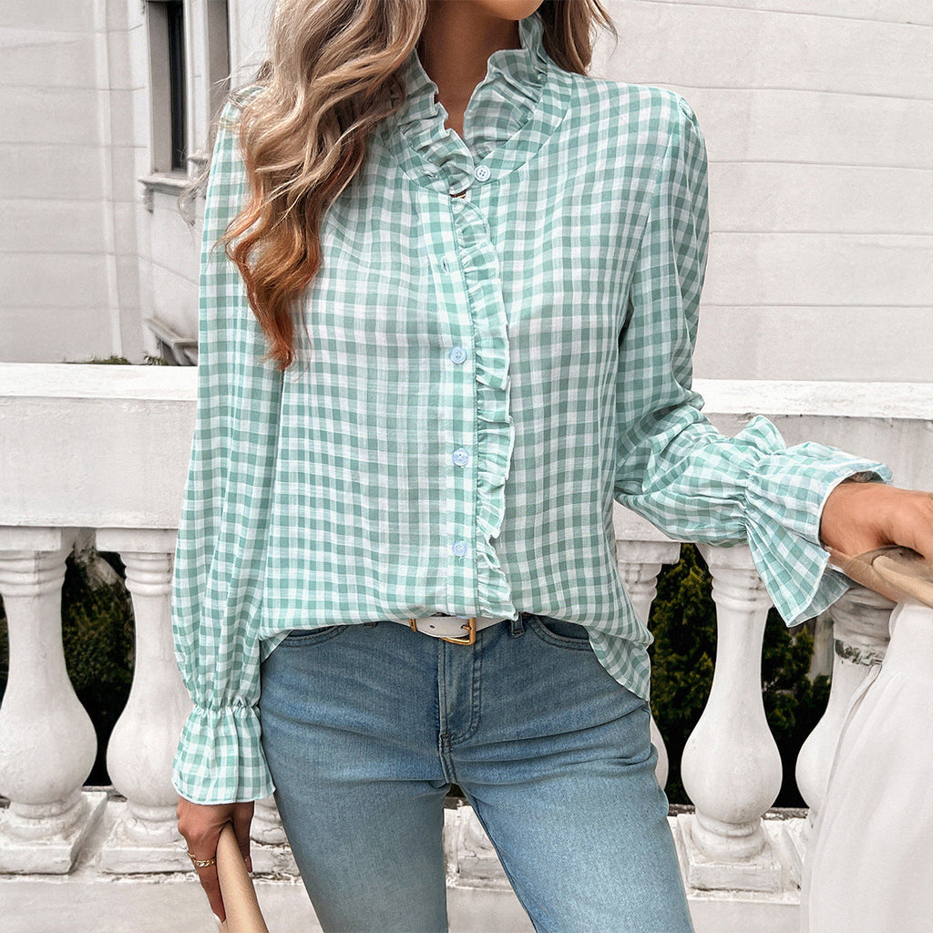 Women's checked blouse with ruffle details and button placket, size
