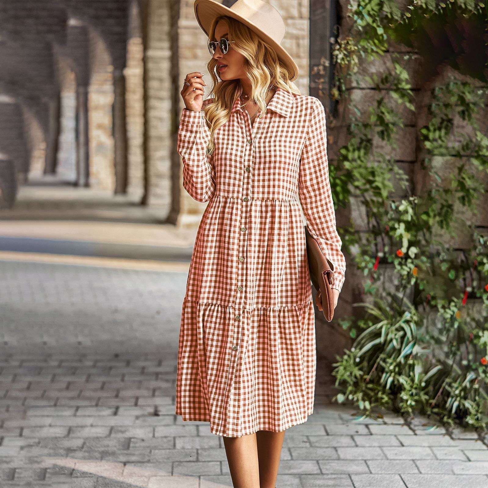 Women's checked midi blouse with button placket and flared skirt, size Valenzora
