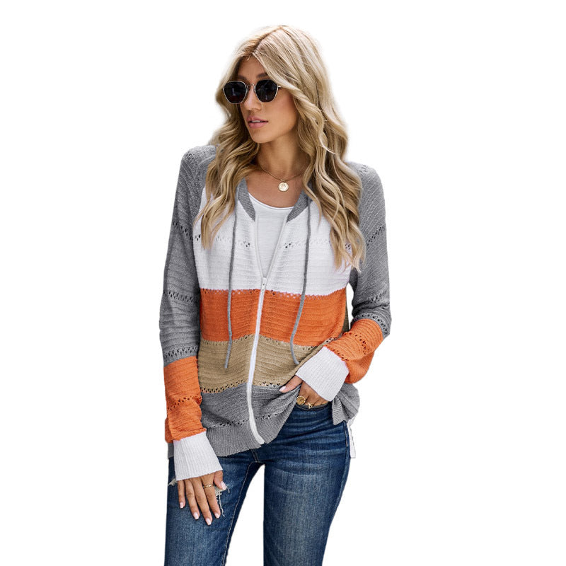 Women's casual cardigan with hood and decorative openwork pattern, size