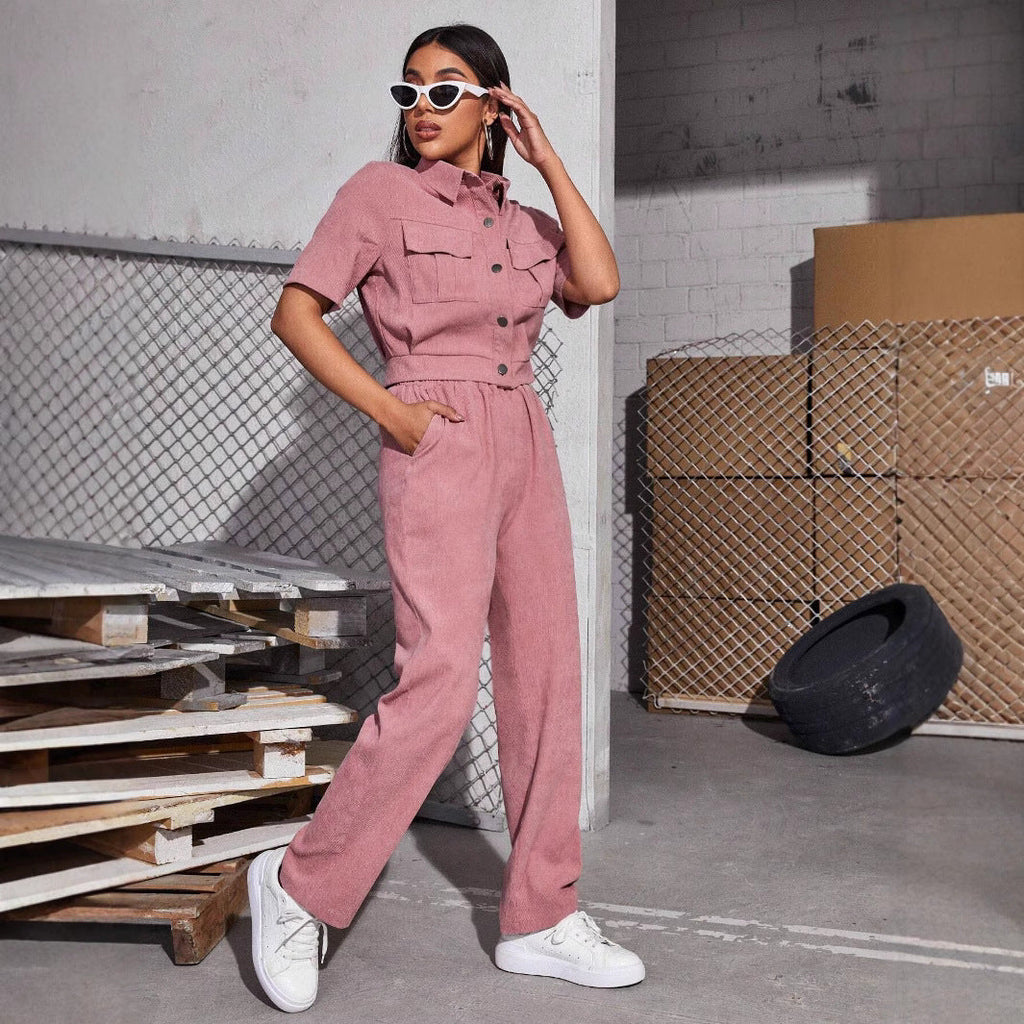 Women's corduroy trouser suit with classic collar and elasticated waistband, size