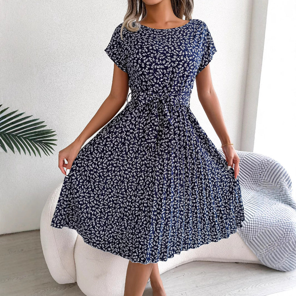 Valenzora | Spring Casual Short Sleeve Floral Large Swing Pleated Skirt