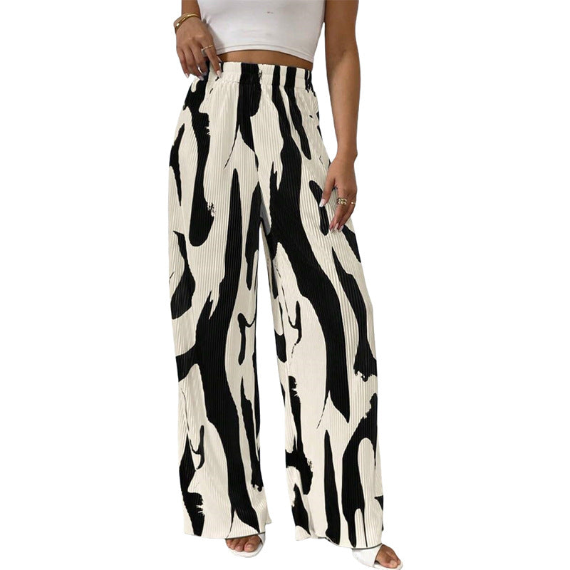 Damen-Hose, weit geschnitten, plissiert, mit Gummibund und modischem Muster, Größe [size]