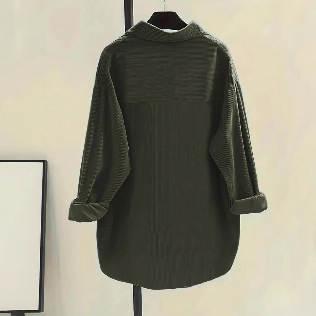Women's oversized ribbed shirt with chest pockets and a stylish collar, size S