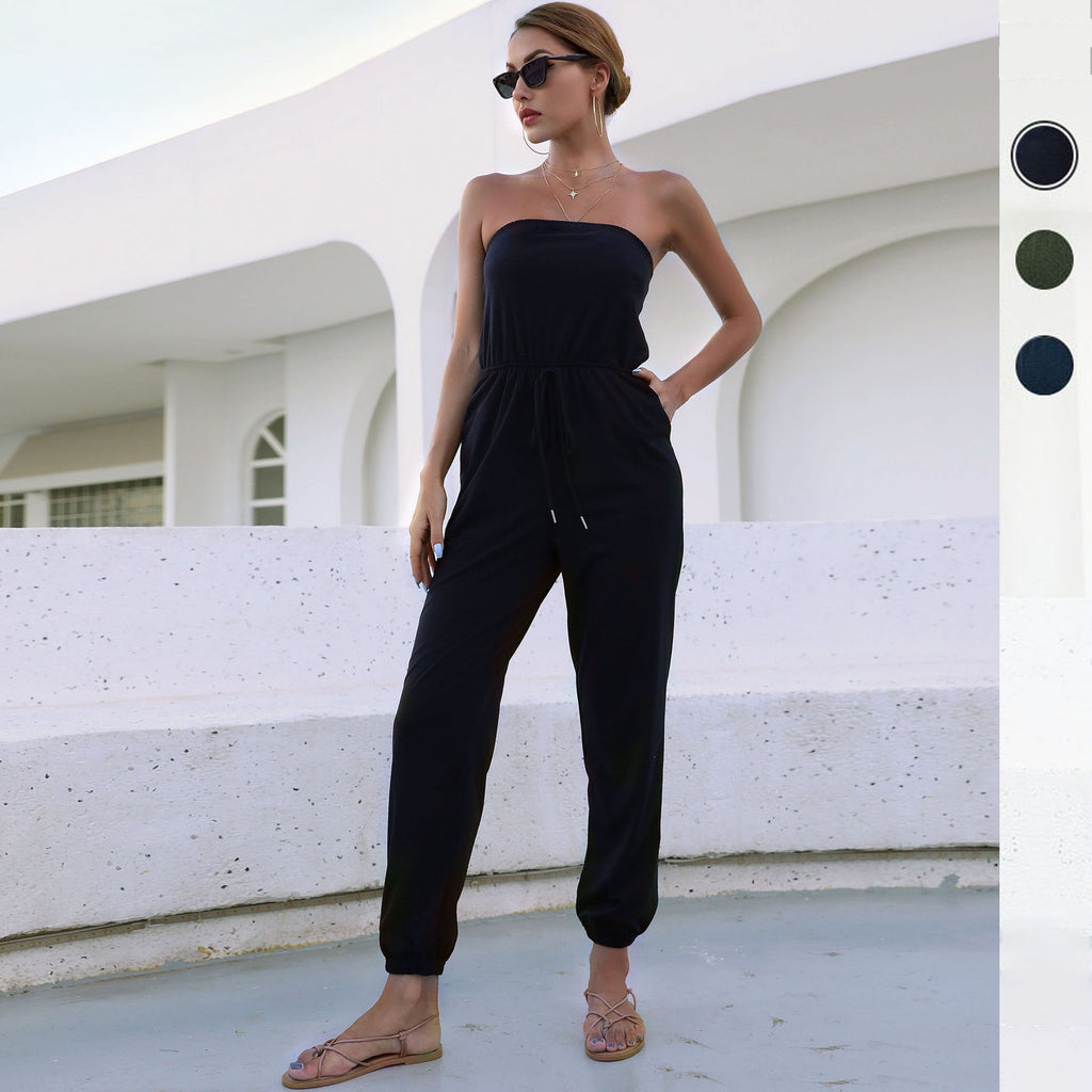 Damen-Jumpsuit mit trägerlosem Design und elastischem Taillengürtel, Größe