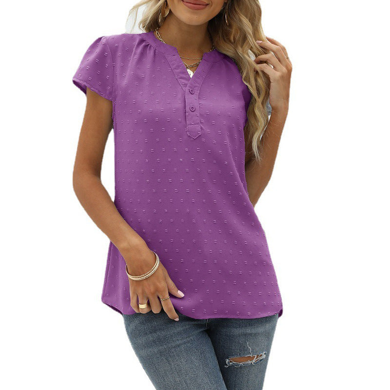 Valenzora | Jacquard-Chiffon Loose Fit V-Ausschnitt Kurzarm-Oberteil