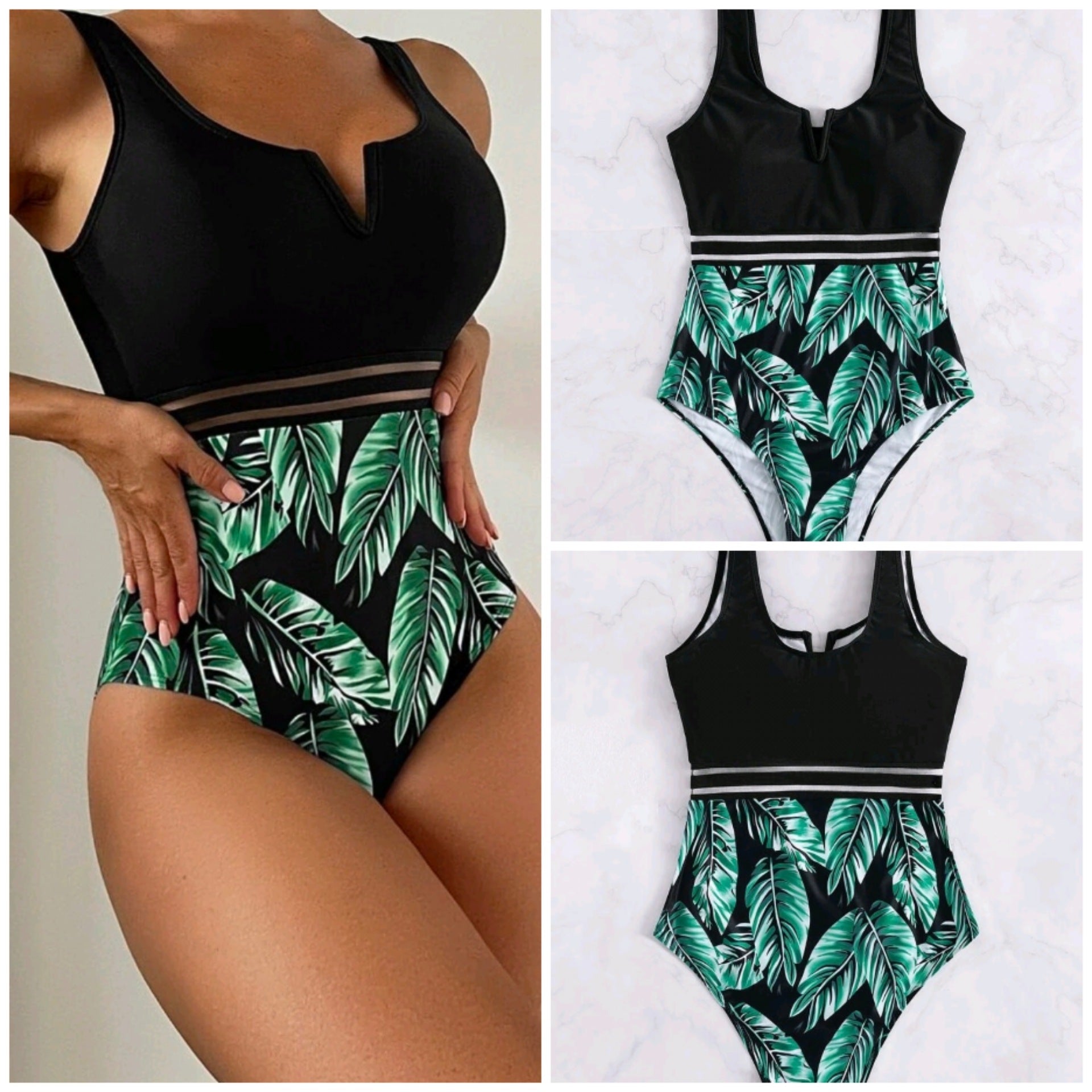Damen High-Waist-Badeanzug mit V-Ausschnitt und modernem Blattmuster, Größe