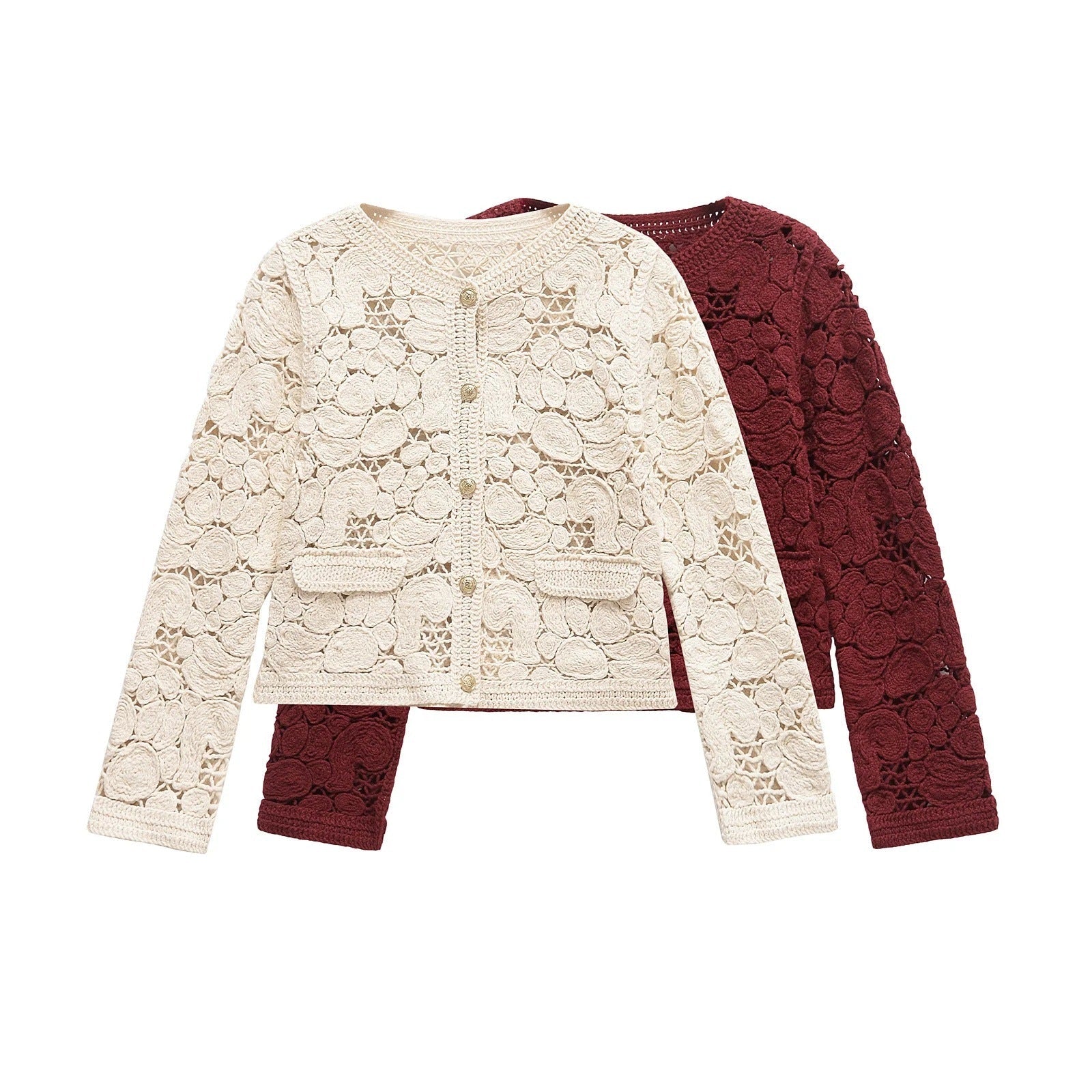Women's cardigan made of fine lace with decorative button details and an elegant silhouette, size S