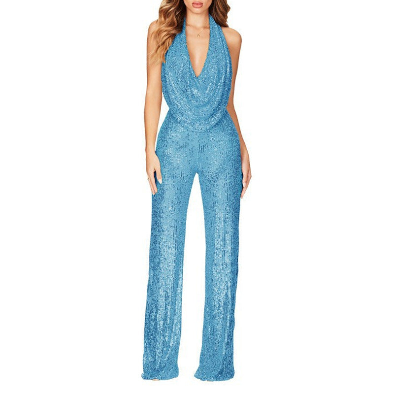 Damen Jumpsuit, glamourös, mit schimmernden Pailletten-Applikationen und tiefem V-Ausschnitt, Größe S