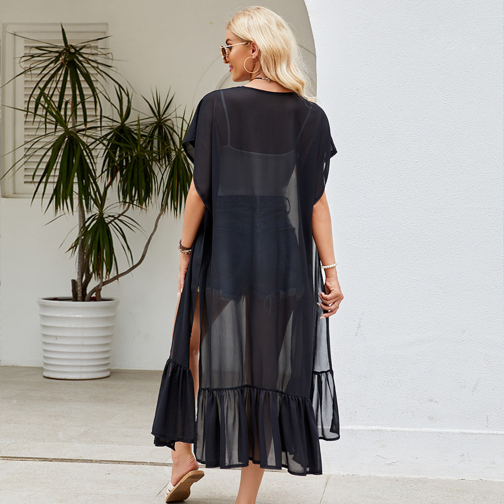 Transparenter Damen-Kimono-Wickelmantel mit eleganten Fransen Valenzora