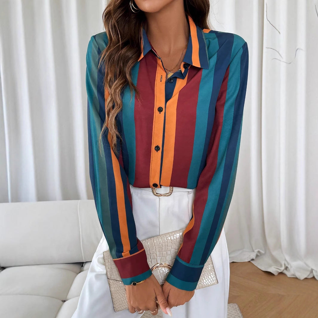 Women's blouse with colorful striped pattern and elegant button placket, size