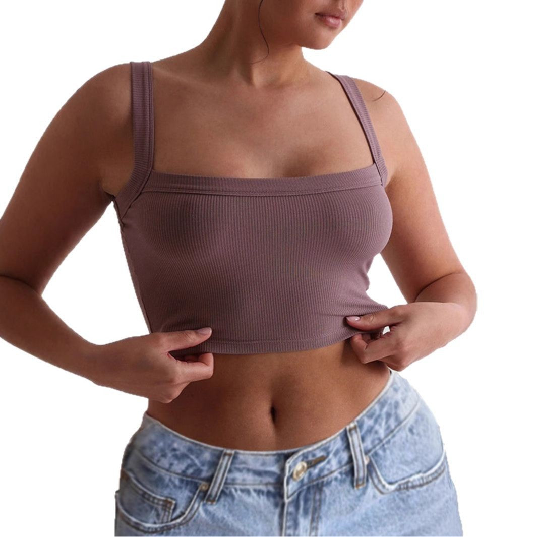 Figurbetontes bauchfreies Damen-Oberteil mit breiten Trägern und Rippenstruktur, Größe Valenzora