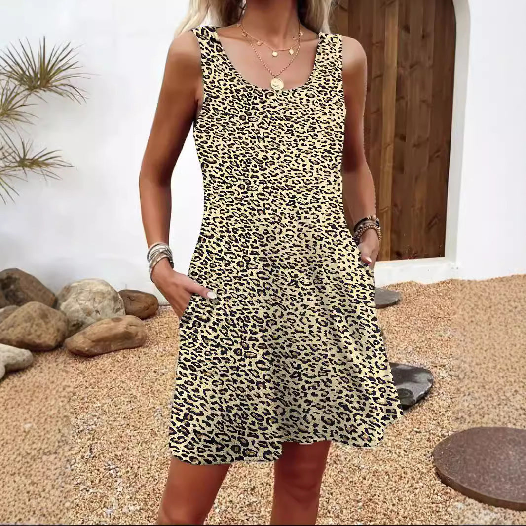 Damen ärmelloses Freizeitkleid mit Federmuster und praktischen Taschen Drune
