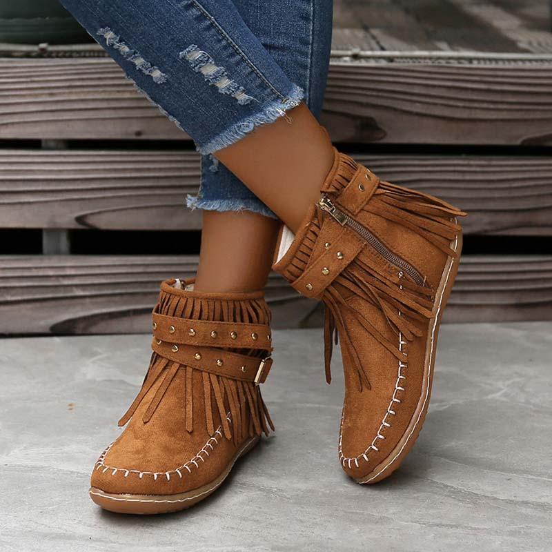Valenzora | Boho ankle boots with fringes and buckles for women