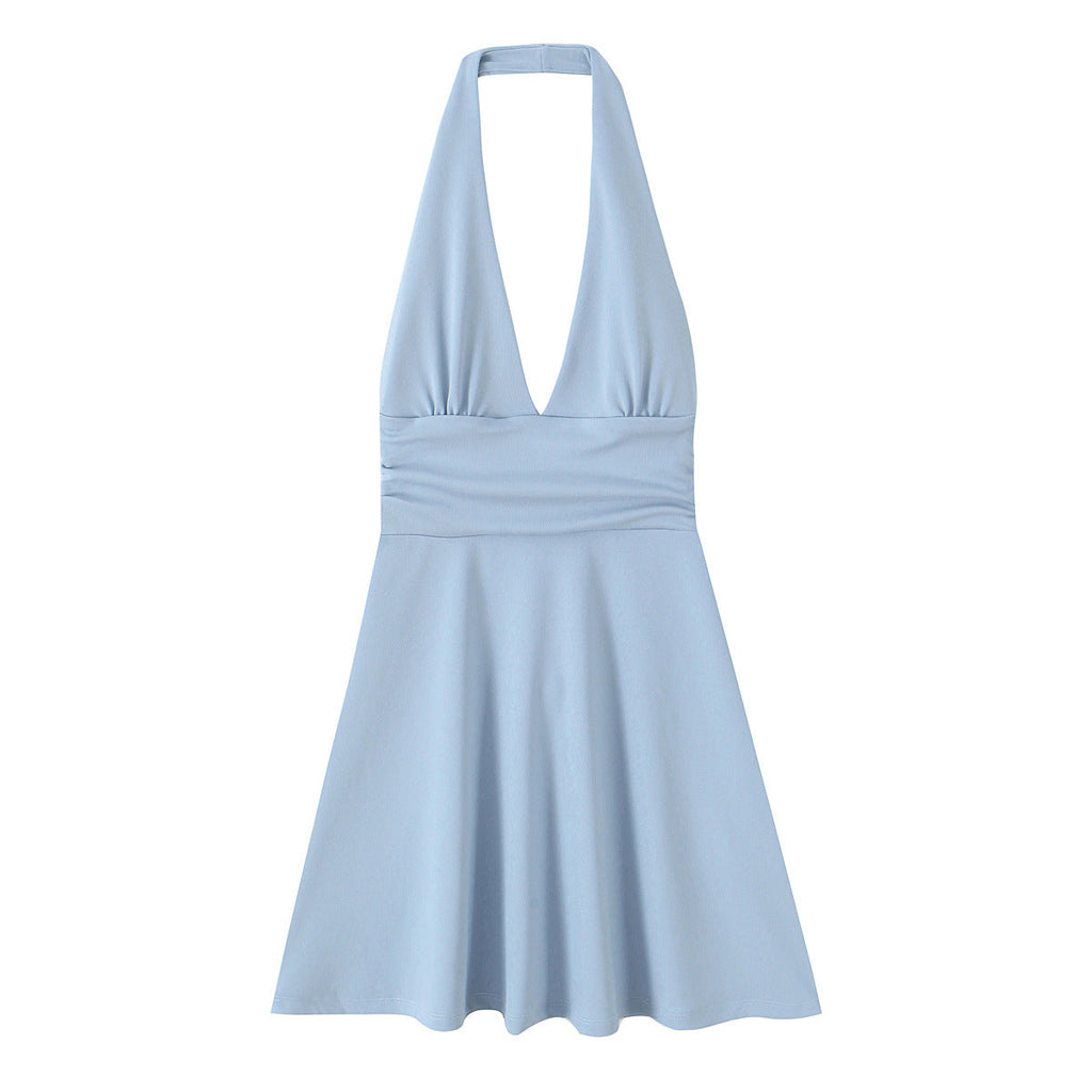 Damen-Neckholderkleid mit tiefem V-Ausschnitt und fließendem Rock, Größe